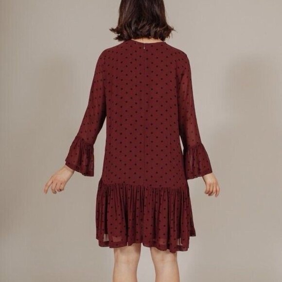 Ganni Carlton Georgette Dress Wine Red Black Polka Dot Size 38 (Medium) EUC - Picture 2 of 6